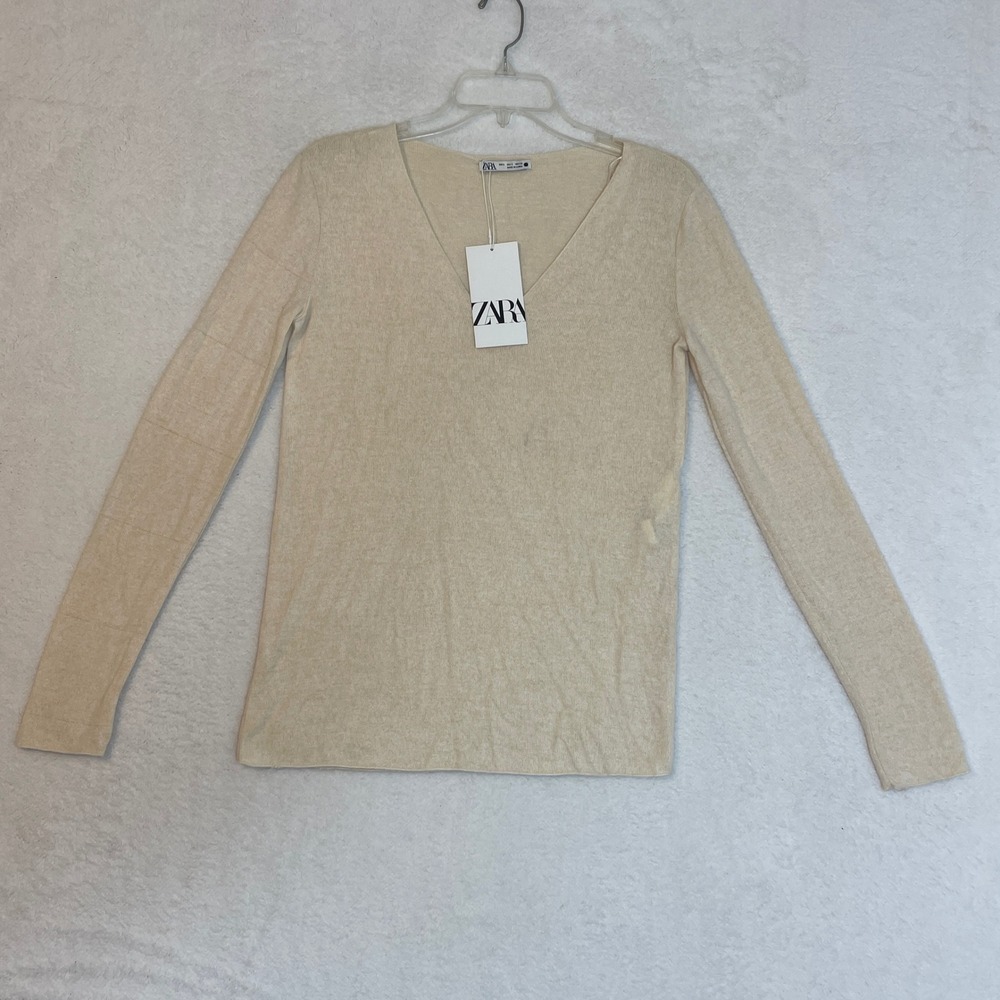Zara Womens V-Neck Long Sleeve Fine Knit Sweater Cream Beige Small 1067/003/733